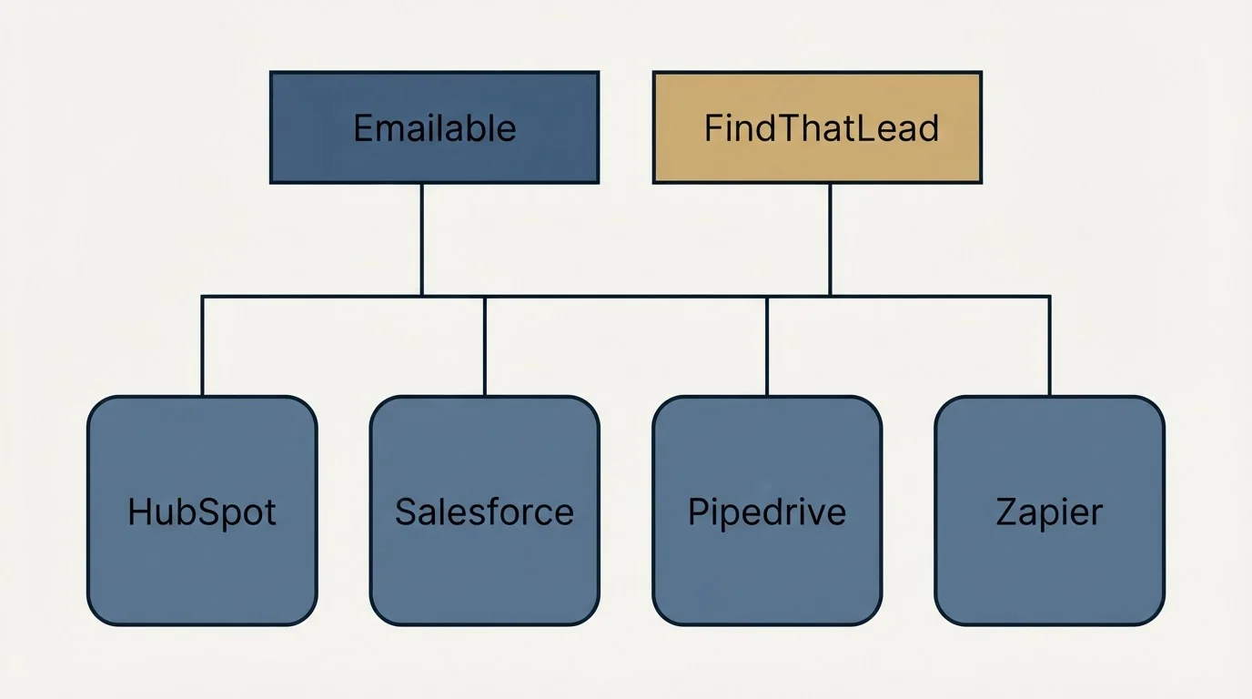 Integration grid: Integration Ecosystem (Emailable, FindThatLead, HubSpot, Salesforce)