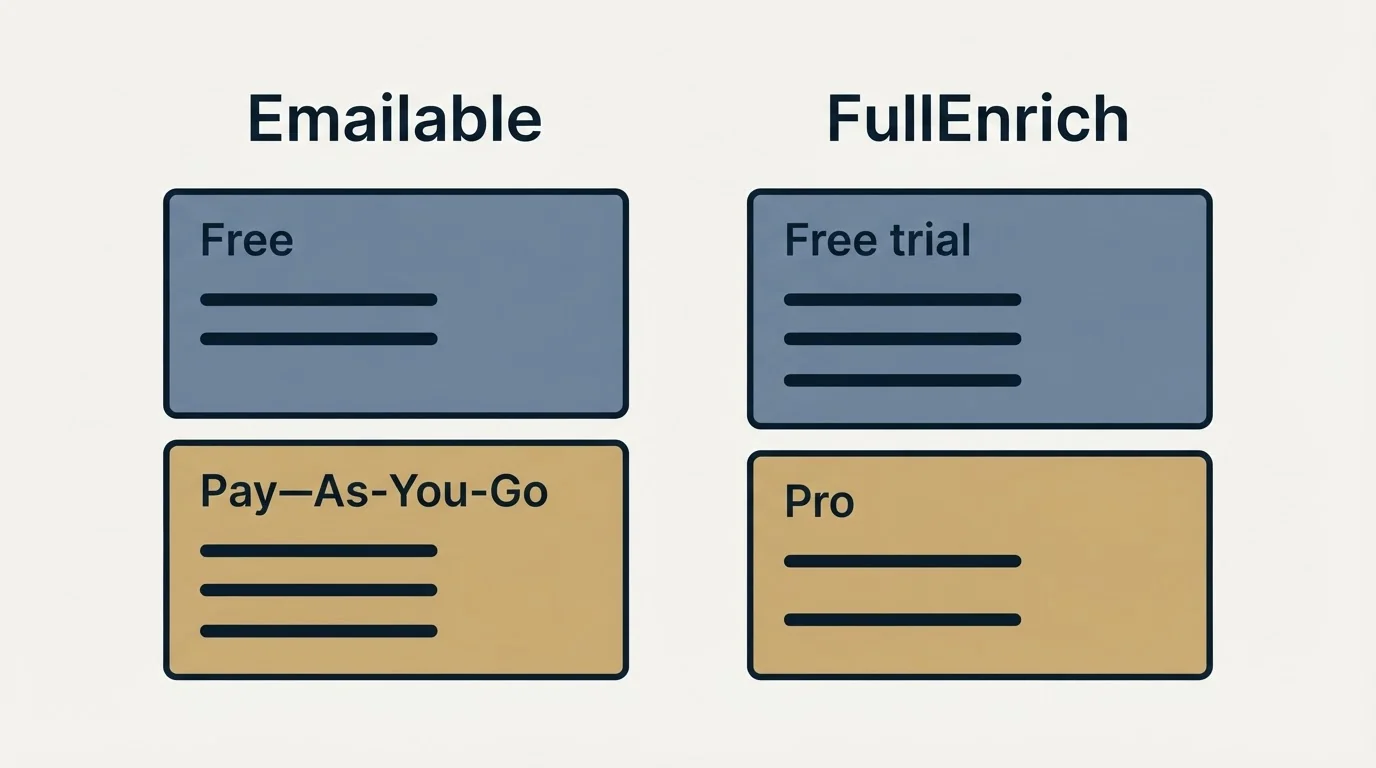 Pricing panels: Pricing Comparison (Emailable, FullEnrich, Free, Free trial)