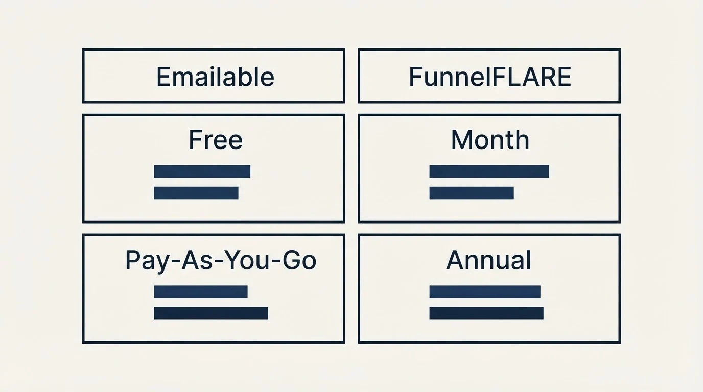Pricing table: Pricing Comparison (Emailable, FunnelFLARE, Free, Month)