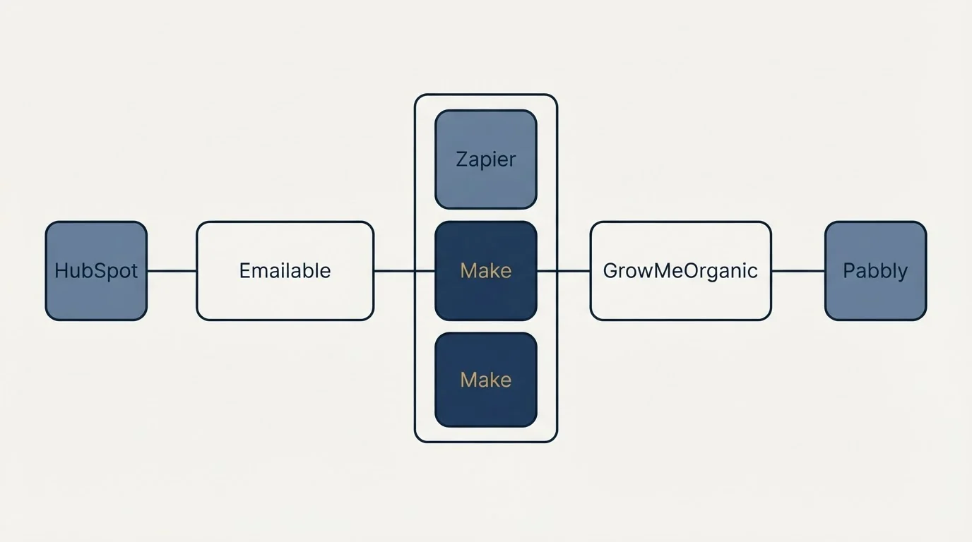 Integration flow: Integration Ecosystem (Emailable, GrowMeOrganic, Zapier, Make)