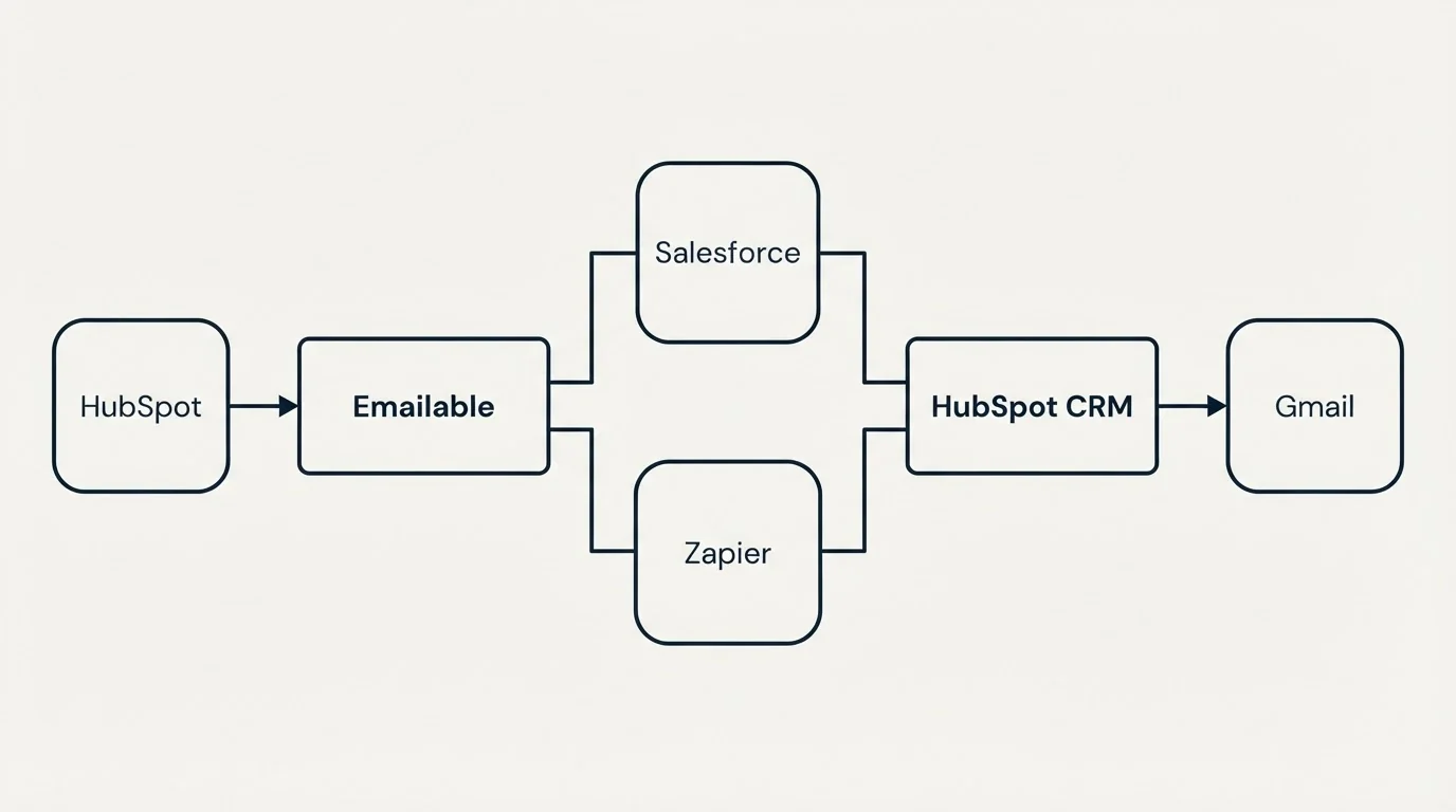 Integration flow: Integration Ecosystem (Emailable, HubSpot CRM, Salesforce, Zapier)