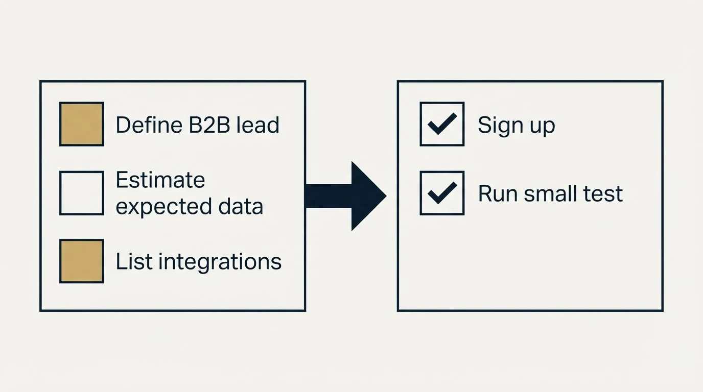 Before-and-after steps: Getting Started Checklist (Define B2B lead, Estimate expected data, List integrations, Sign up)