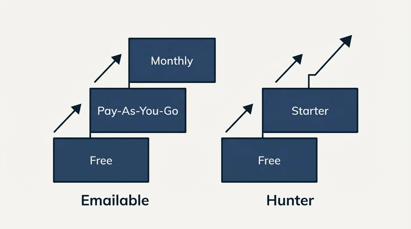 Pricing ladder: Pricing Comparison (Emailable, Hunter, Free, Pay-As-You-Go)