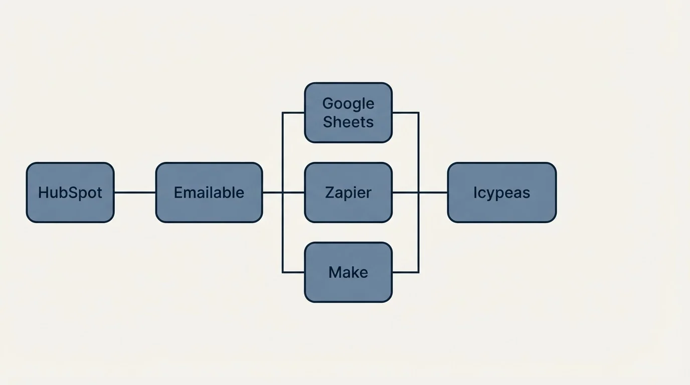 Integration flow: Integration Ecosystem (Emailable, Icypeas, Google Sheets, Zapier)