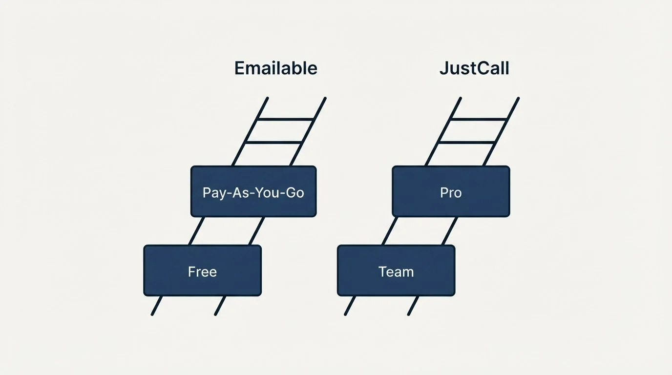 Pricing ladder: Pricing Comparison (Emailable, JustCall, Free, Team)