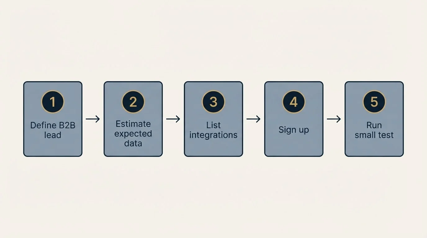 Step sequence: Getting Started Checklist (Define B2B lead, Estimate expected data, List integrations, Sign up)