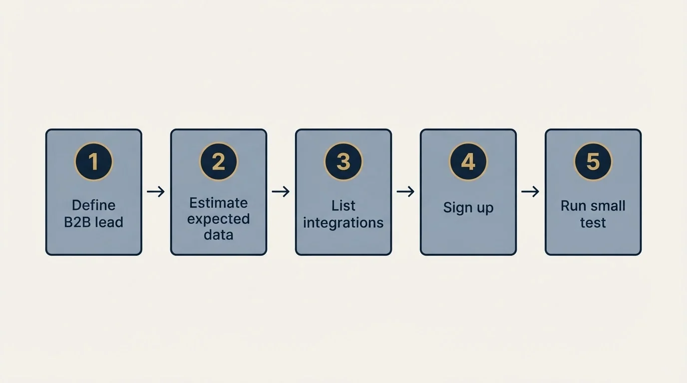 Step sequence: Getting Started Checklist (Define B2B lead, Estimate expected data, List integrations, Sign up)