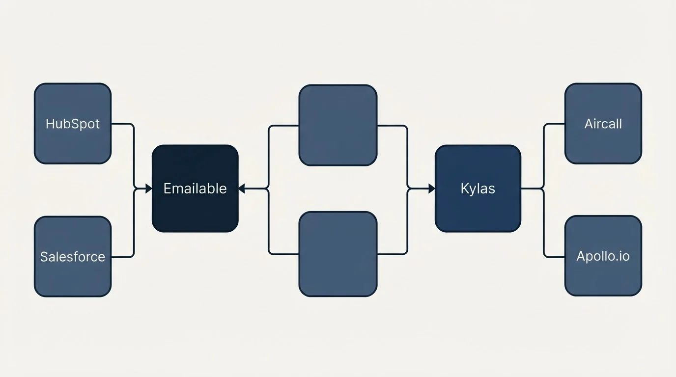 Integration flow: Integration Ecosystem (Emailable, Kylas, HubSpot, Aircall)