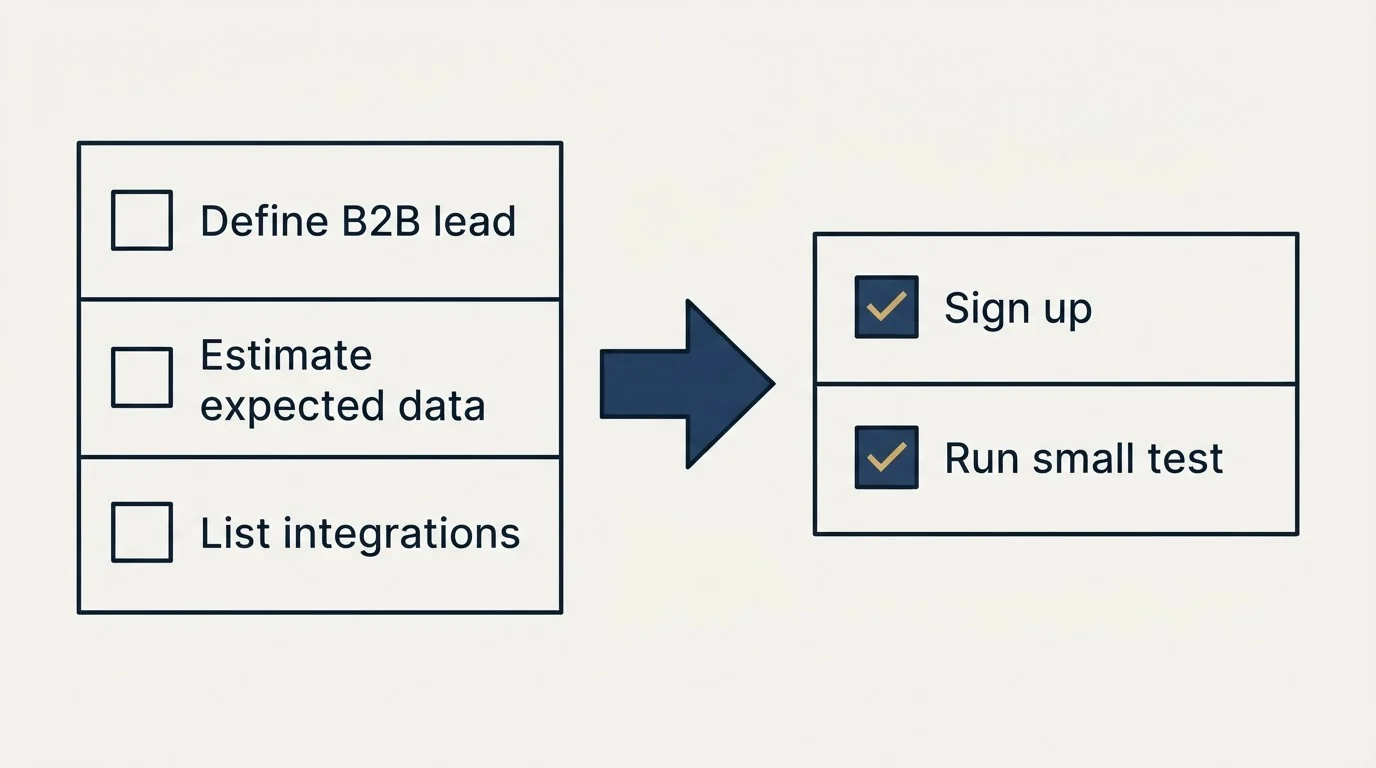 Before-and-after steps: Getting Started Checklist (Define B2B lead, Estimate expected data, List integrations, Sign up)