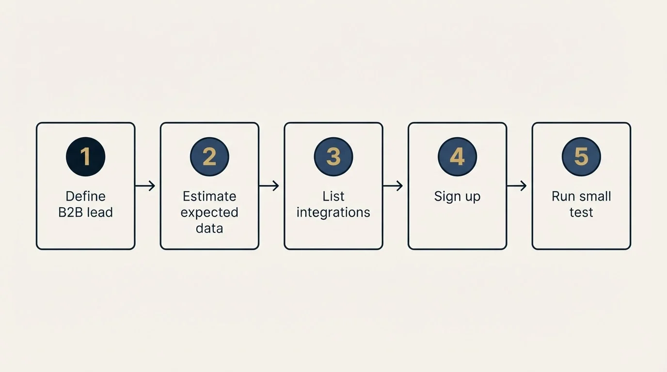 Step sequence: Getting Started Checklist (Define B2B lead, Estimate expected data, List integrations, Sign up)