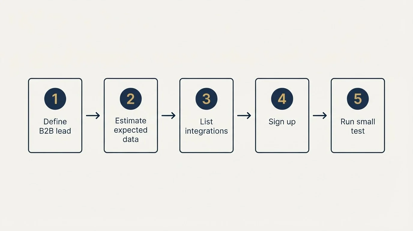 Step sequence: Getting Started Checklist (Define B2B lead, Estimate expected data, List integrations, Sign up)