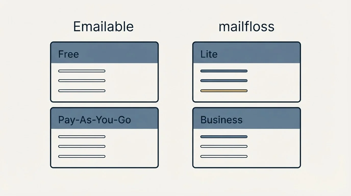 Pricing panels: Pricing Comparison (Emailable, mailfloss, Free, Lite)