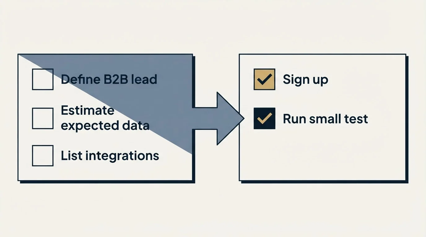 Before-and-after steps: Getting Started Checklist (Define B2B lead, Estimate expected data, List integrations, Sign up)
