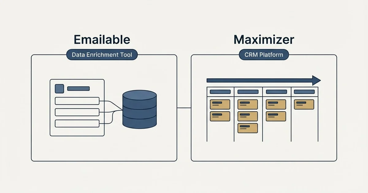 Side-by-side panels: Emailable vs Maximizer (Data Enrichment Tool, CRM Platform)
