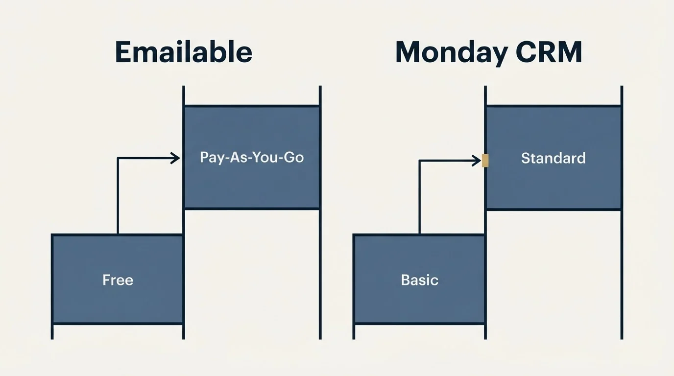 Pricing ladder: Pricing Comparison (Emailable, Monday CRM, Free, Basic)