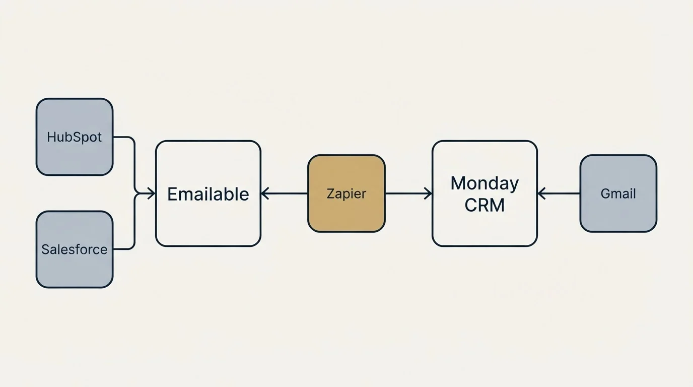 Integration schematic: Integration Ecosystem (Emailable, Monday CRM, Zapier, HubSpot)