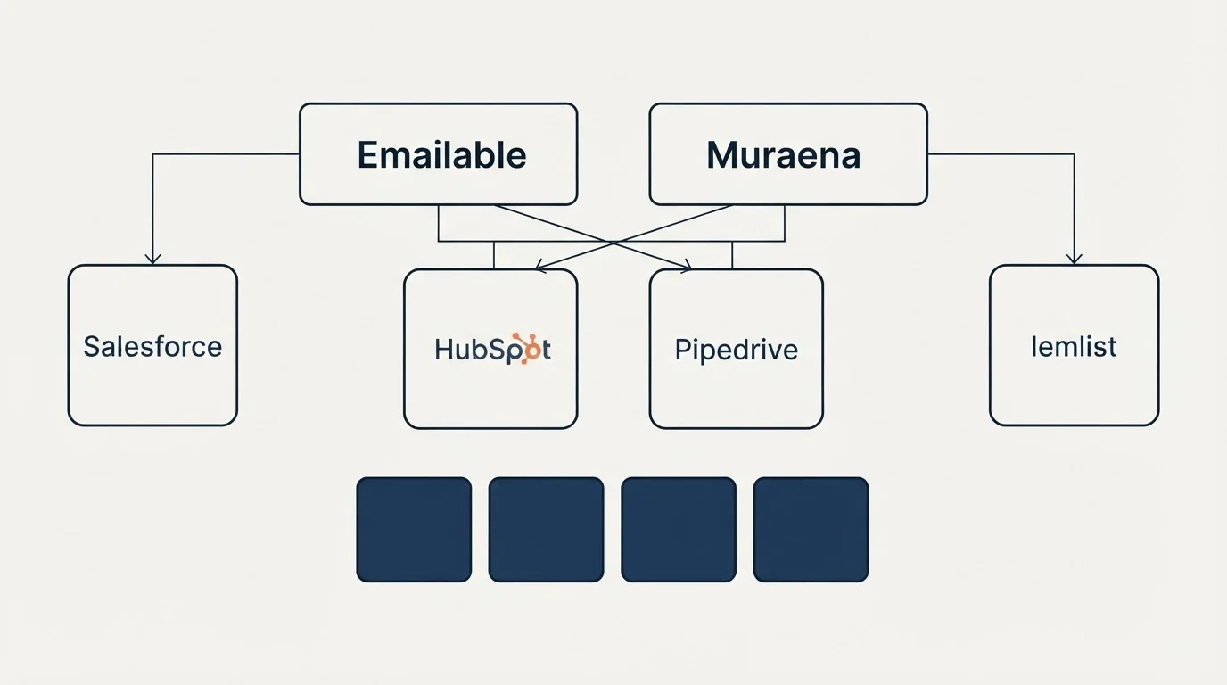 Integration grid: Integration Ecosystem (Emailable, Muraena, HubSpot, Pipedrive)