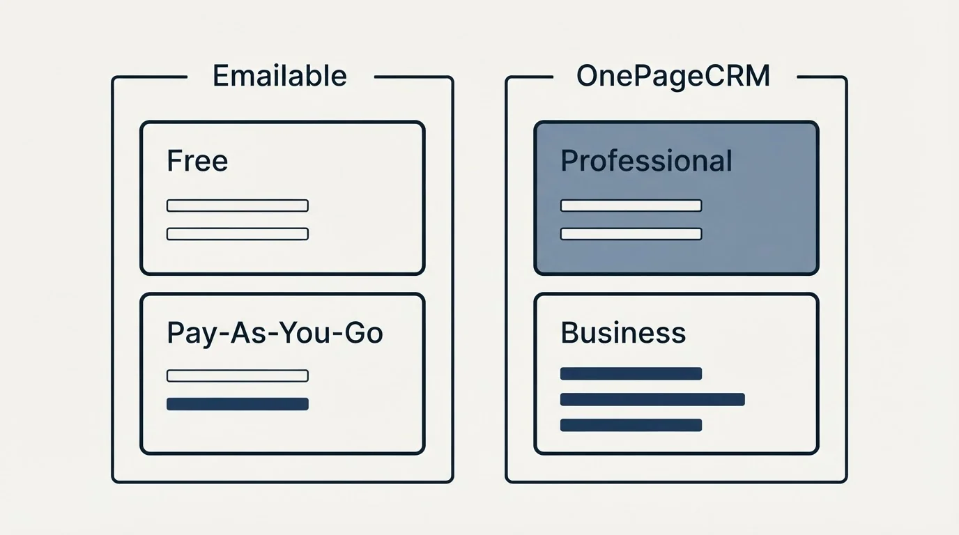 Pricing panels: Pricing Comparison (Emailable, OnePageCRM, Free, Professional)