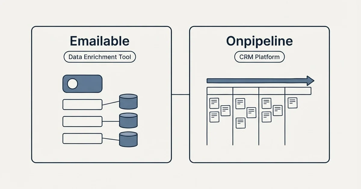 Side-by-side panels: Emailable vs Onpipeline (Data Enrichment Tool, CRM Platform)