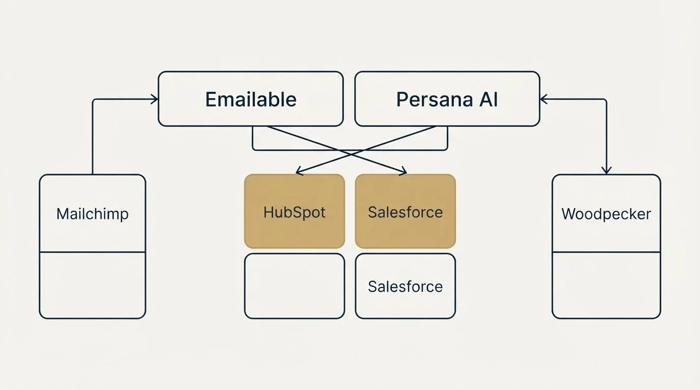 Integration grid: Integration Ecosystem (Emailable, Persana AI, HubSpot, Salesforce)