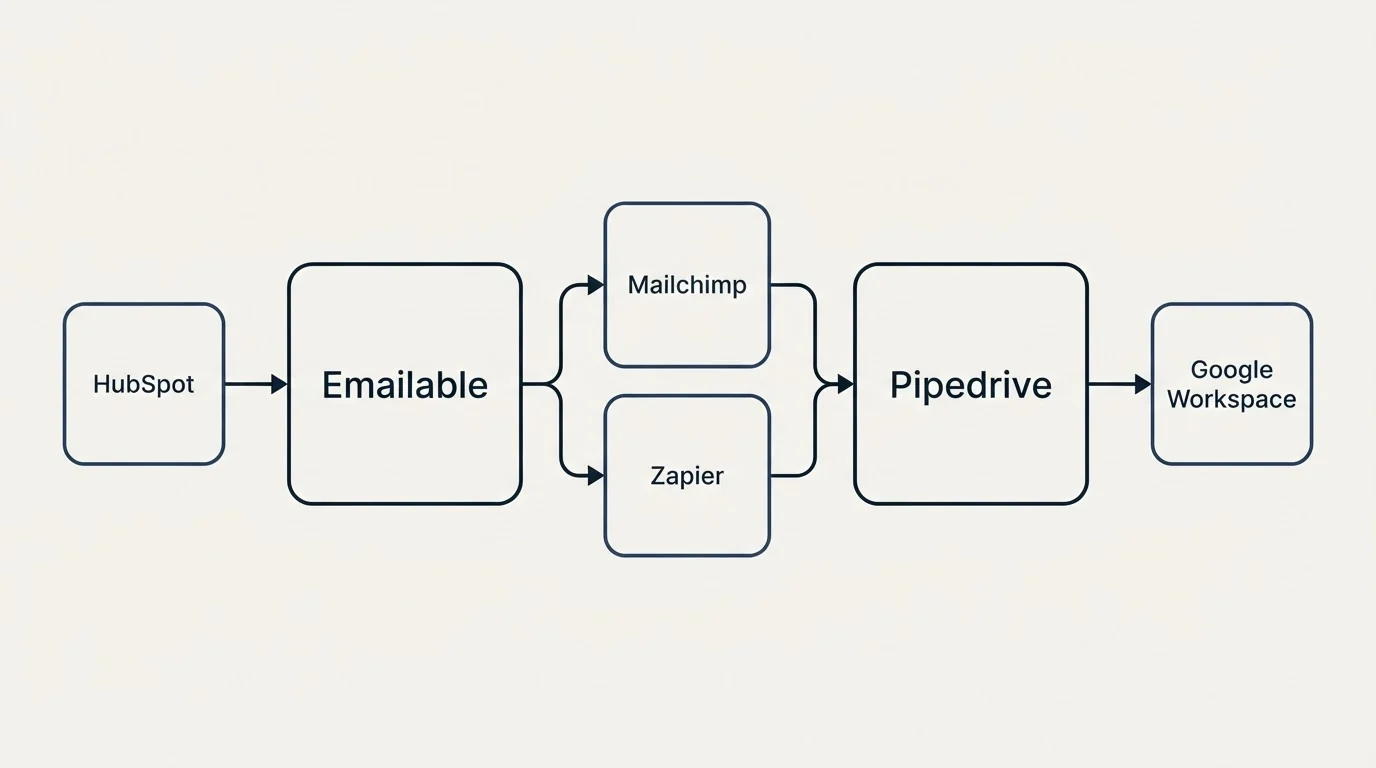 Integration schematic: Integration Ecosystem (Emailable, Pipedrive, Mailchimp, Zapier)