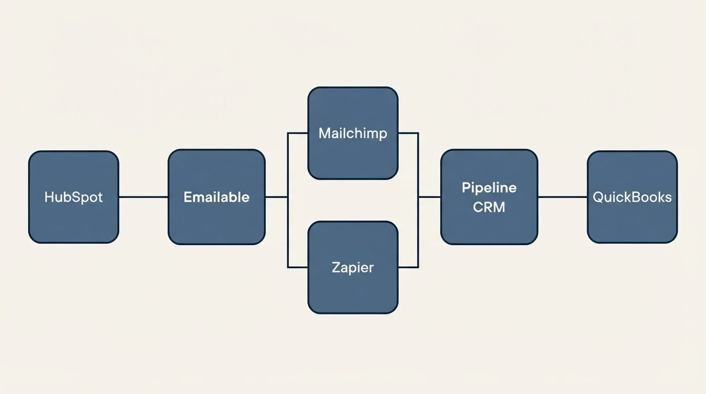 Integration flow: Integration Ecosystem (Emailable, Pipeline CRM, Mailchimp, Zapier)