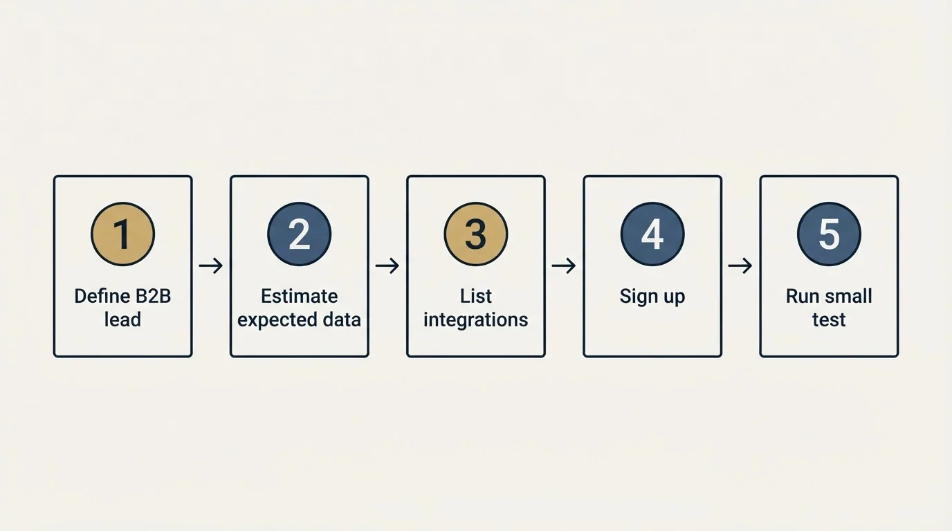 Step sequence: Getting Started Checklist (Define B2B lead, Estimate expected data, List integrations, Sign up)