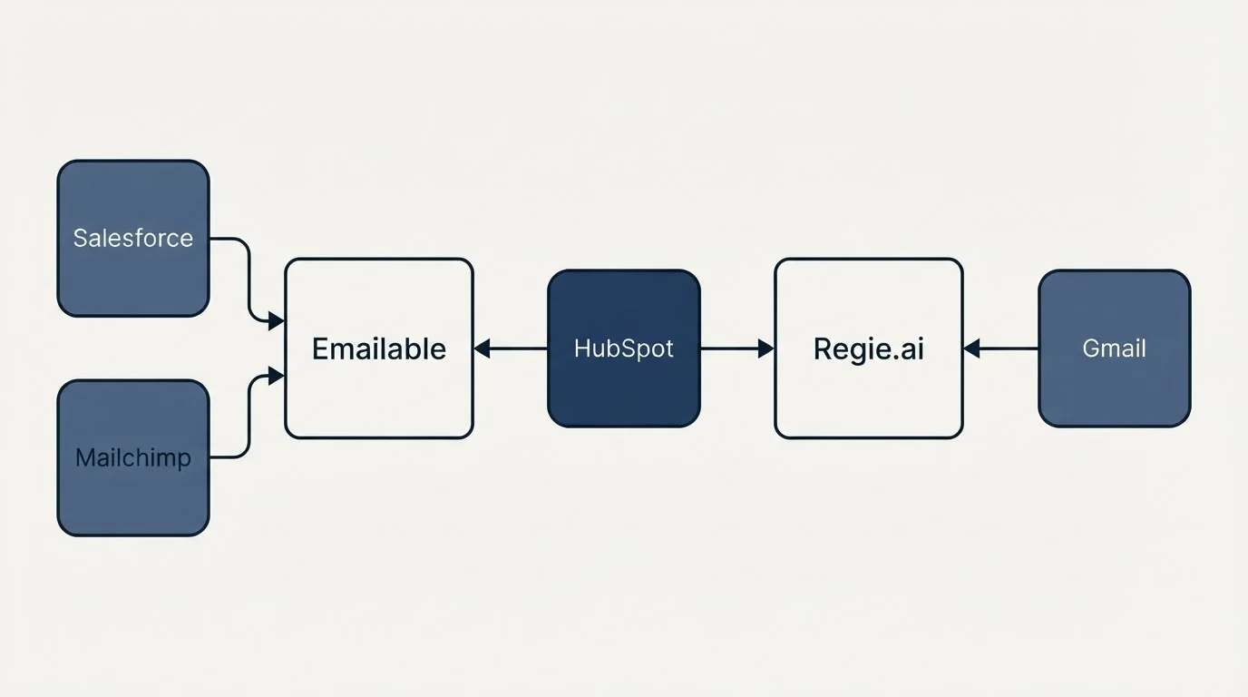 Integration schematic: Integration Ecosystem (Emailable, Regie.ai, HubSpot, Salesforce)
