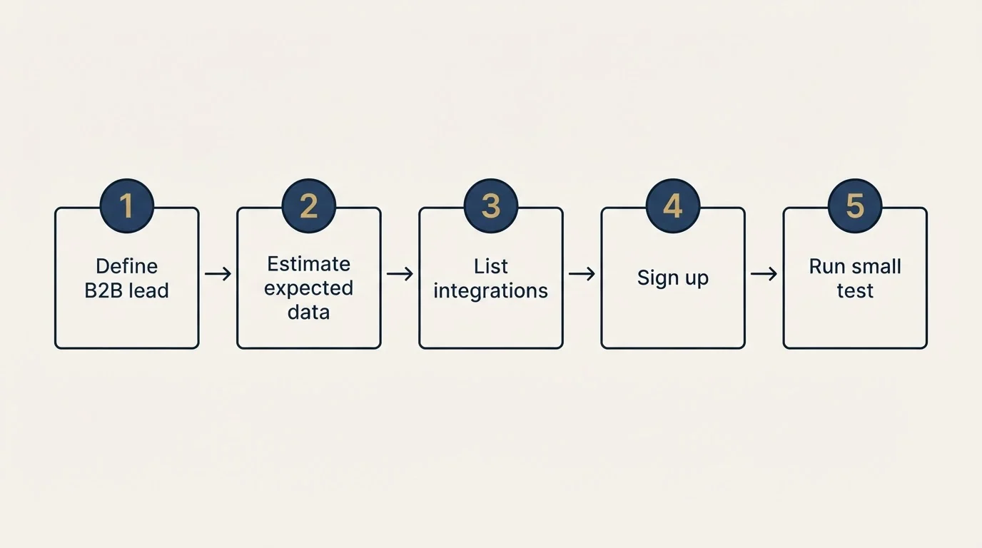 Step sequence: Getting Started Checklist (Define B2B lead, Estimate expected data, List integrations, Sign up)