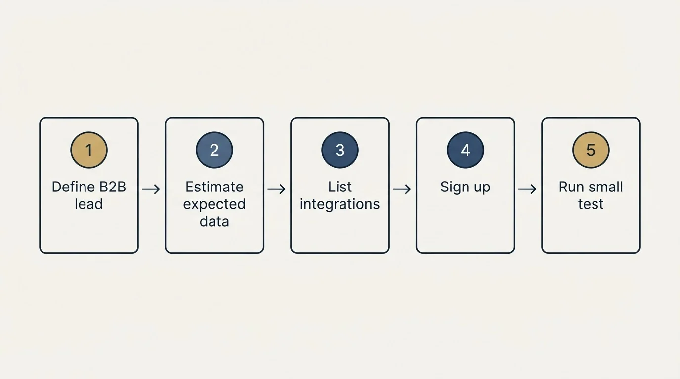 Step sequence: Getting Started Checklist (Define B2B lead, Estimate expected data, List integrations, Sign up)