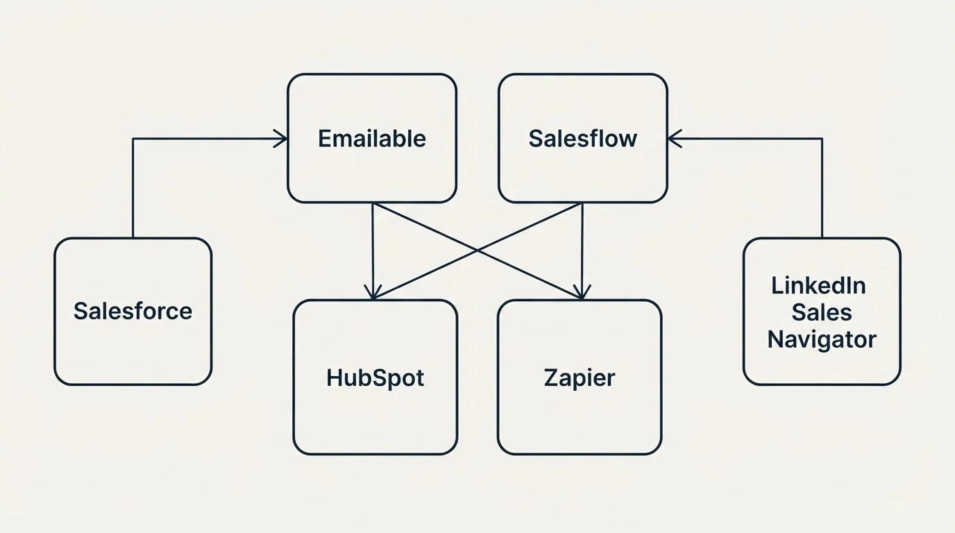 Integration grid: Integration Ecosystem (Emailable, Salesflow, HubSpot, Zapier)