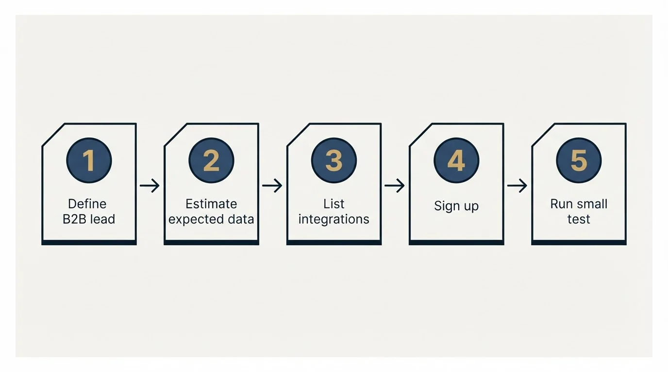 Step sequence: Getting Started Checklist (Define B2B lead, Estimate expected data, List integrations, Sign up)