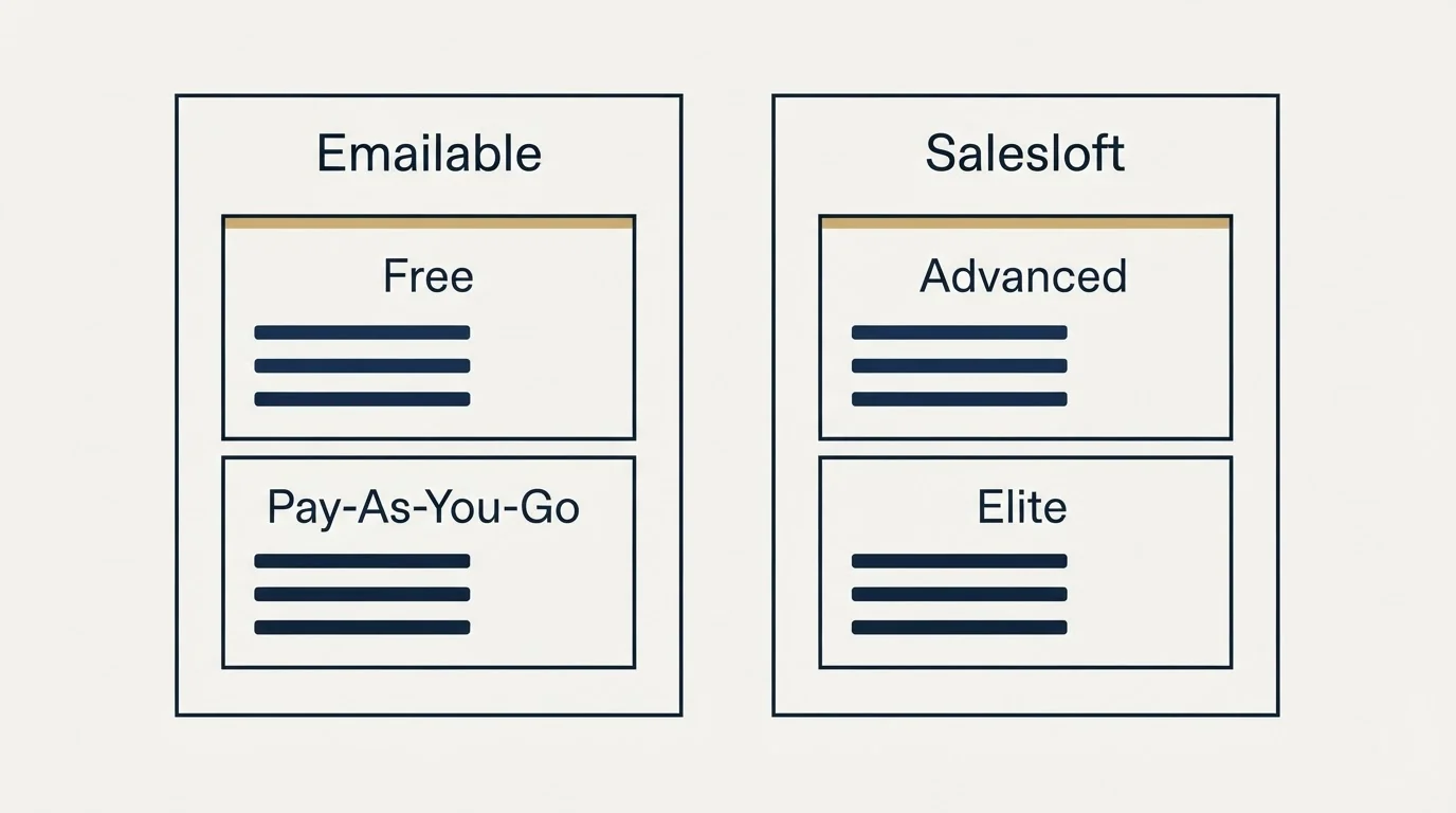 Pricing panels: Pricing Comparison (Emailable, Salesloft, Free, Advanced)