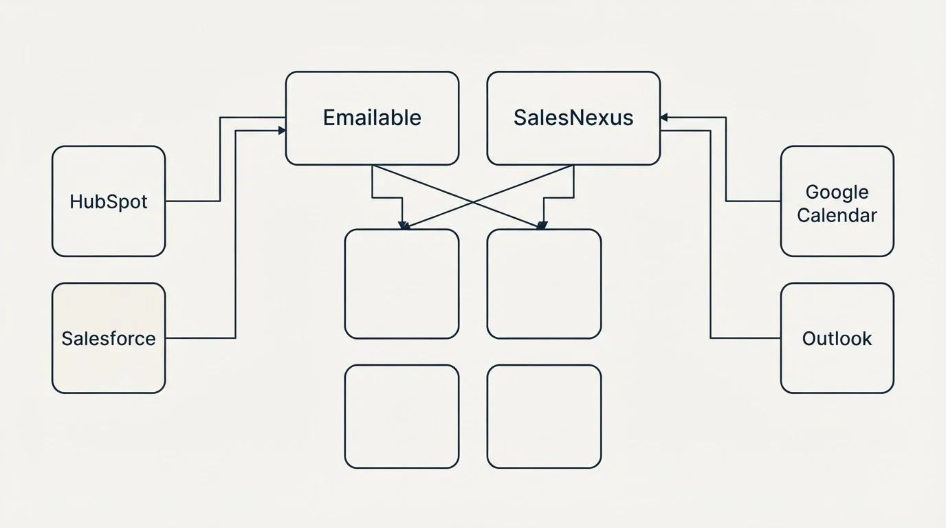 Integration grid: Integration Ecosystem (Emailable, SalesNexus, HubSpot, Google Calendar)