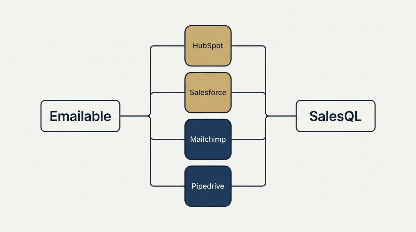 Integration flow: Integration Ecosystem (Emailable, SalesQL, HubSpot, Salesforce)