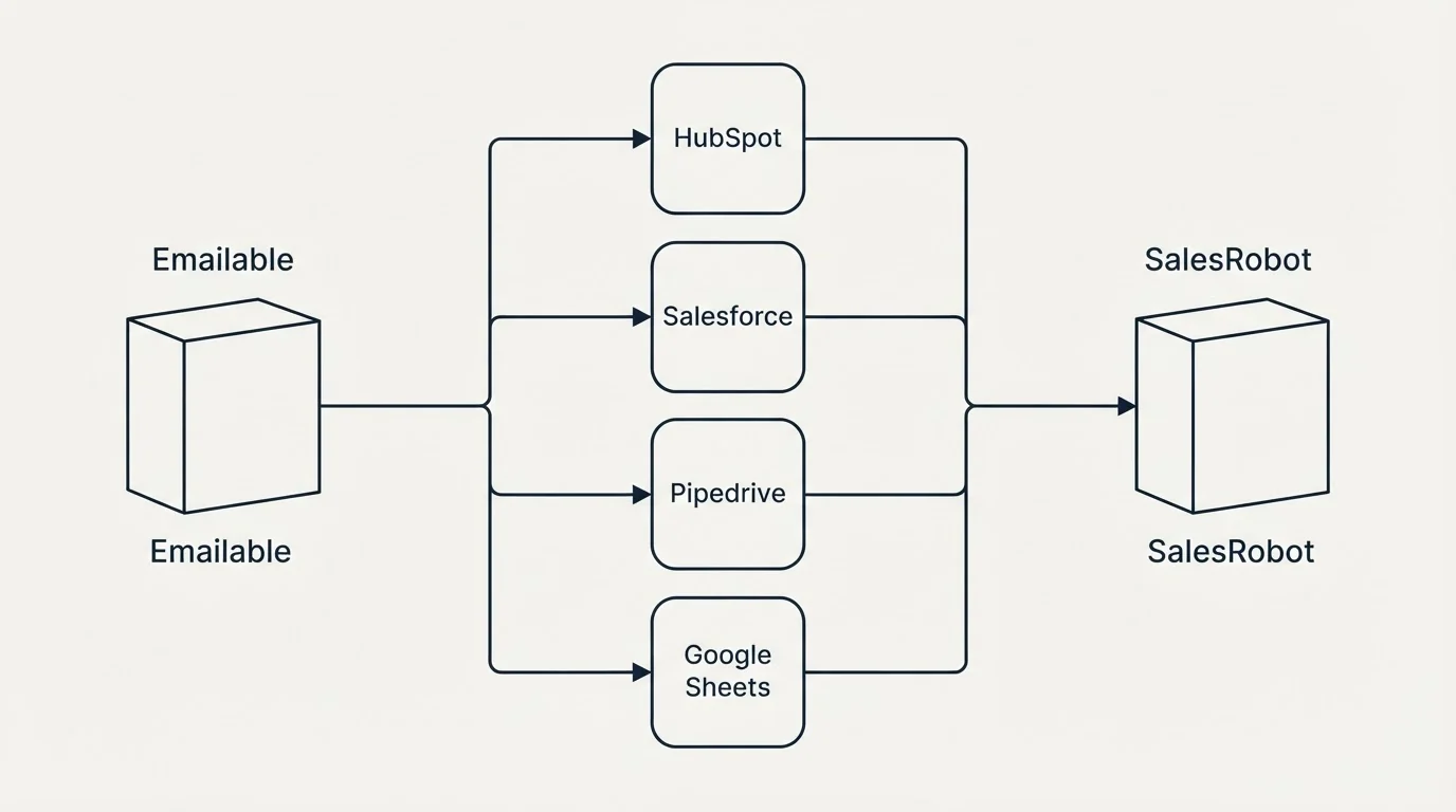 Integration flow: Integration Ecosystem (Emailable, SalesRobot, HubSpot, Salesforce)