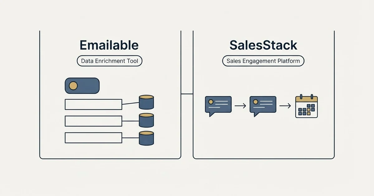 Side-by-side panels: Emailable vs SalesStack (Data Enrichment Tool, Sales Engagement Platform)