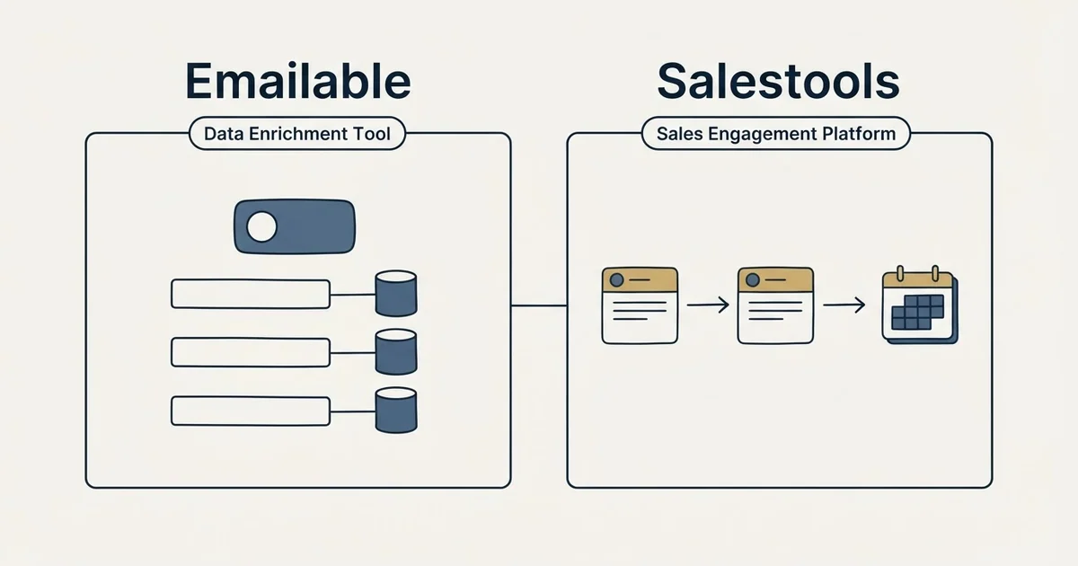 Side-by-side panels: Emailable vs Salestools (Data Enrichment Tool, Sales Engagement Platform)