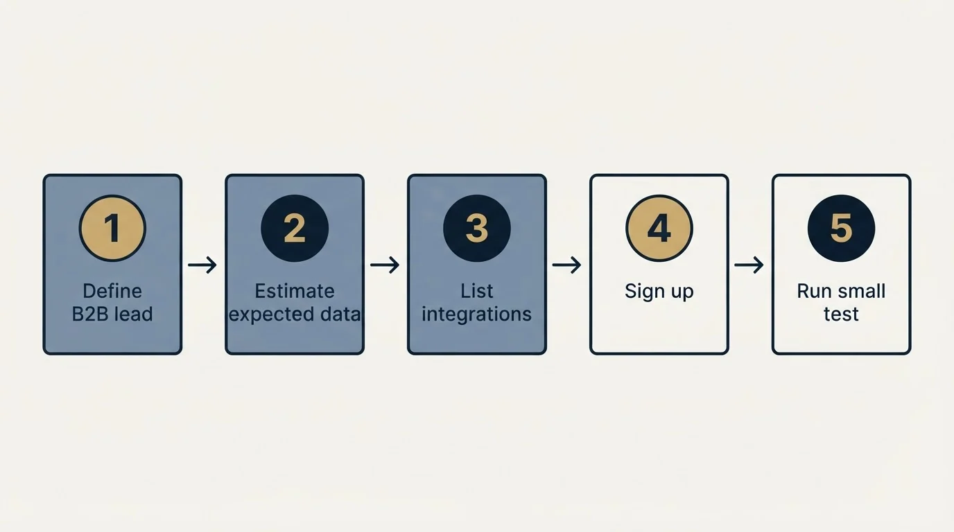 Step sequence: Getting Started Checklist (Define B2B lead, Estimate expected data, List integrations, Sign up)