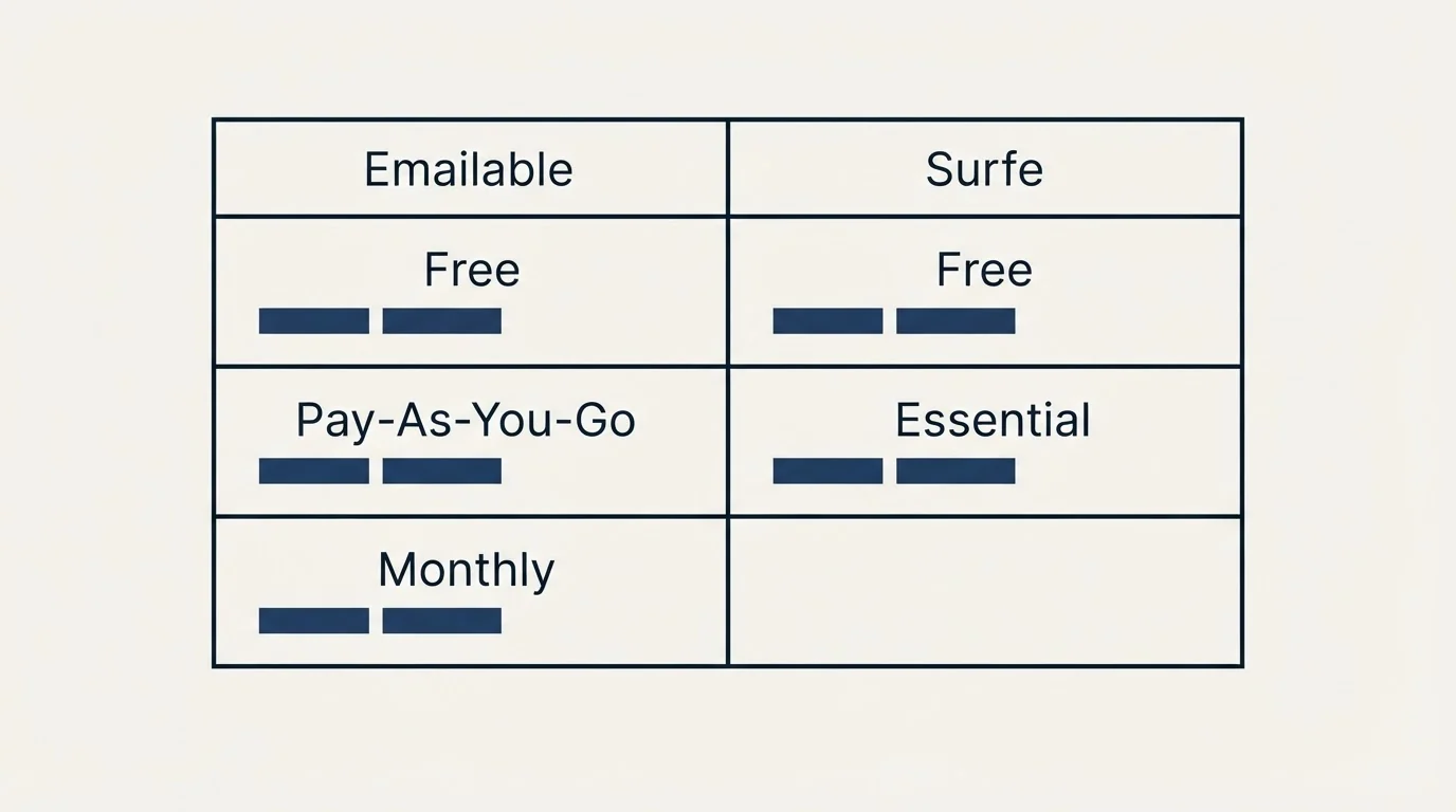 Pricing table: Pricing Comparison (Emailable, Surfe, Free, Pay-As-You-Go)
