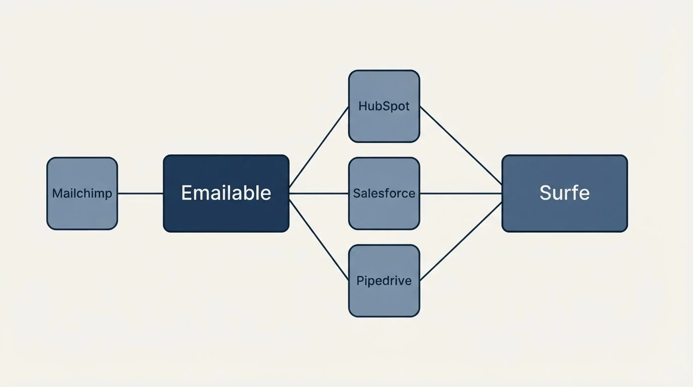 Integration schematic: Integration Ecosystem (Emailable, Surfe, HubSpot, Salesforce)
