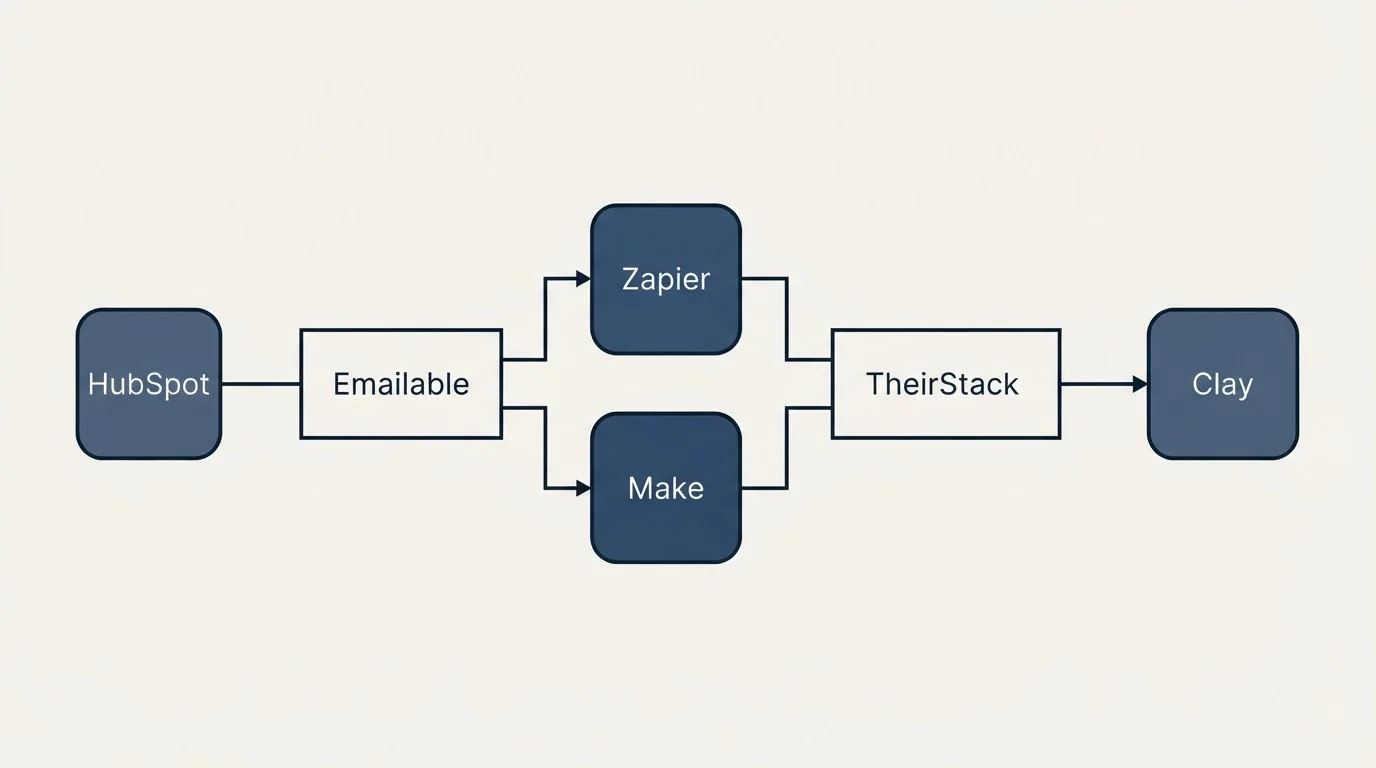 Integration flow: Integration Ecosystem (Emailable, TheirStack, Zapier, Make)