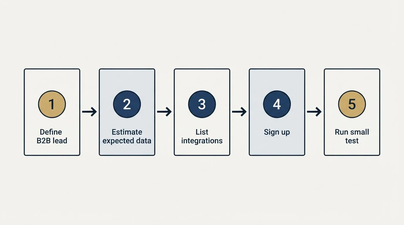 Step sequence: Getting Started Checklist (Define B2B lead, Estimate expected data, List integrations, Sign up)