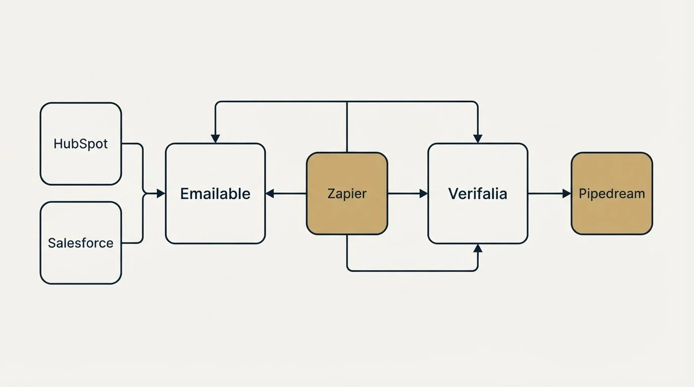Integration schematic: Integration Ecosystem (Emailable, Verifalia, Zapier, HubSpot)