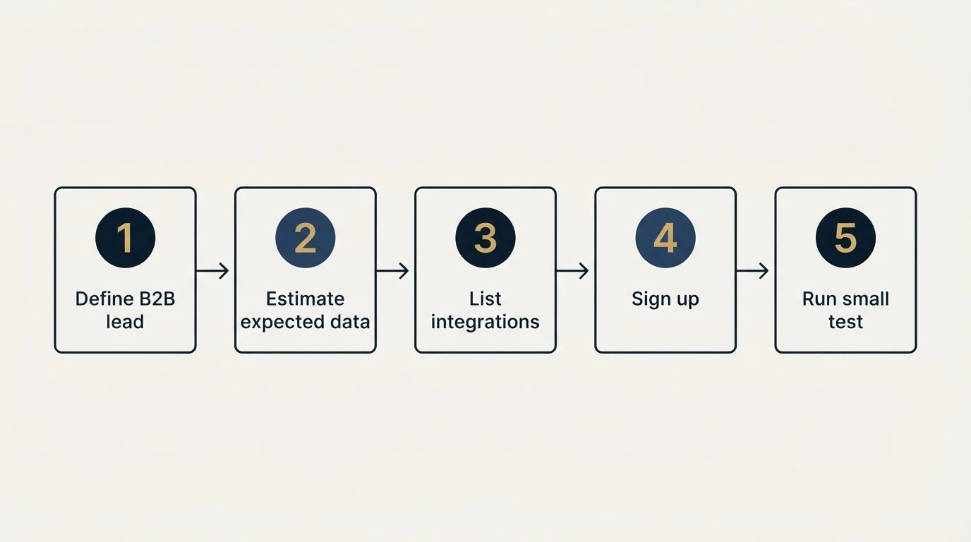 Step sequence: Getting Started Checklist (Define B2B lead, Estimate expected data, List integrations, Sign up)
