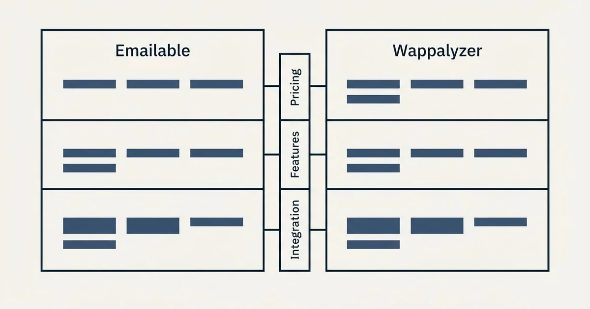 Comparison panel: Emailable vs Wappalyzer (Pricing, Features, Integration)