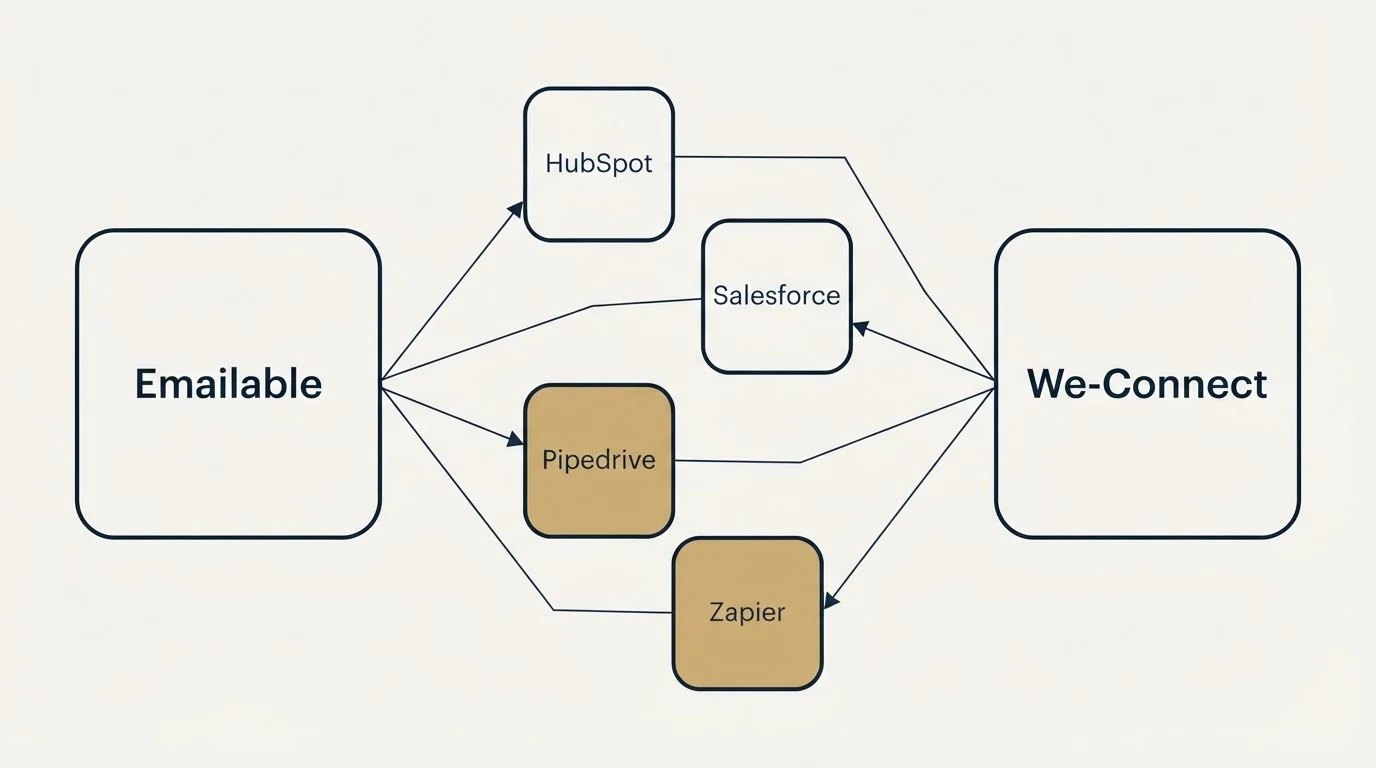 Integration schematic: Integration Ecosystem (Emailable, We-Connect, HubSpot, Salesforce)