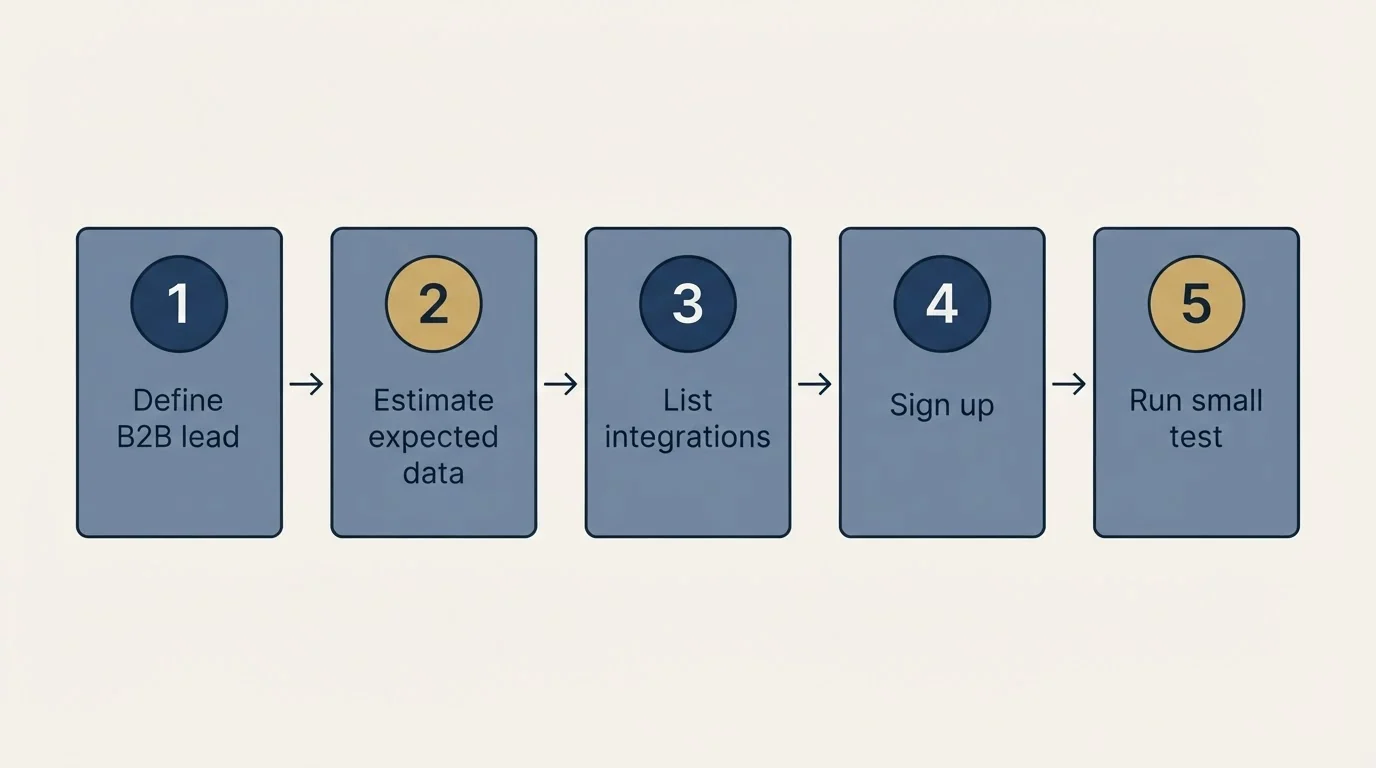 Step sequence: Getting Started Checklist (Define B2B lead, Estimate expected data, List integrations, Sign up)