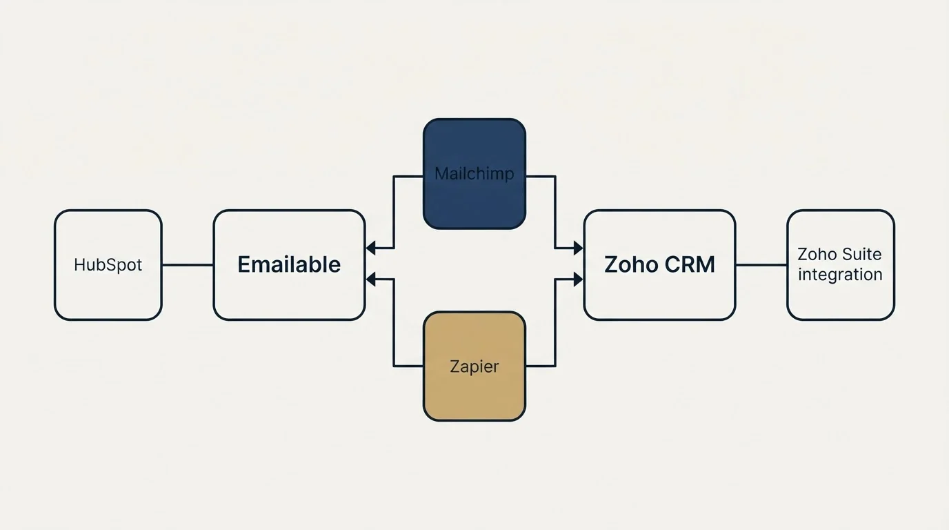 Integration flow: Integration Ecosystem (Emailable, Zoho CRM, Mailchimp, Zapier)