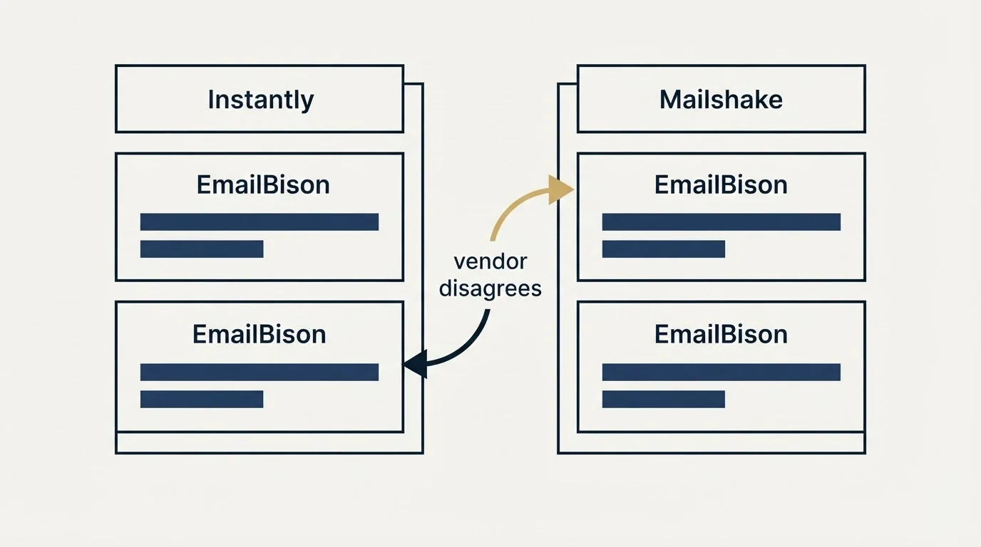 Pricing table: The vendor disagrees with itself, and the pricing page wins (Instantly, Mailshake, EmailBison, vendor disagrees)